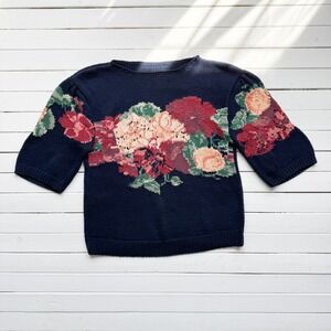 navy blue floral short sleeve hand knit‎ vtg sweater size M